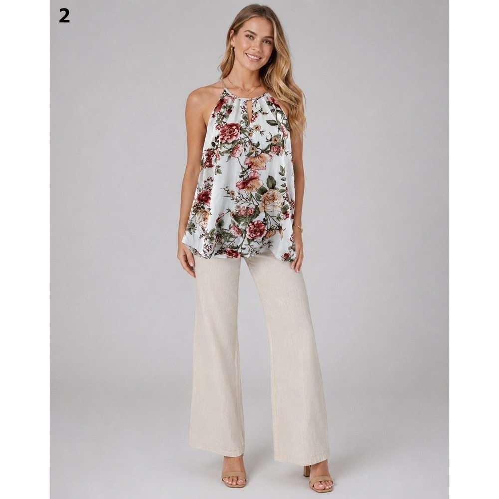 Blue Rain Halter Top Womens XS White Floral Crepe Polyester Lined Tie at Nape
